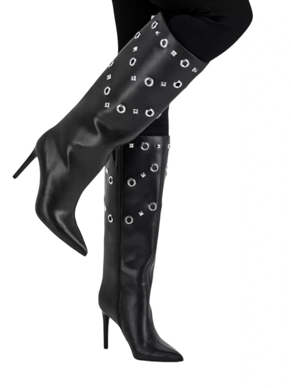 Black Knee-High Stiletto Boots with Silver Eyelet Detail